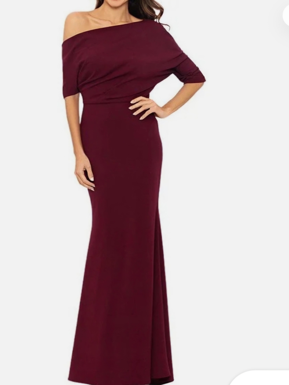 Betsy & Adam Crepe Asymmetric One-Shoulder Burgundy Evening Gown